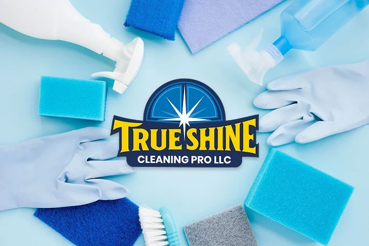 Cleaning supplies rolling with the True Shine logo, a professional cleaning company