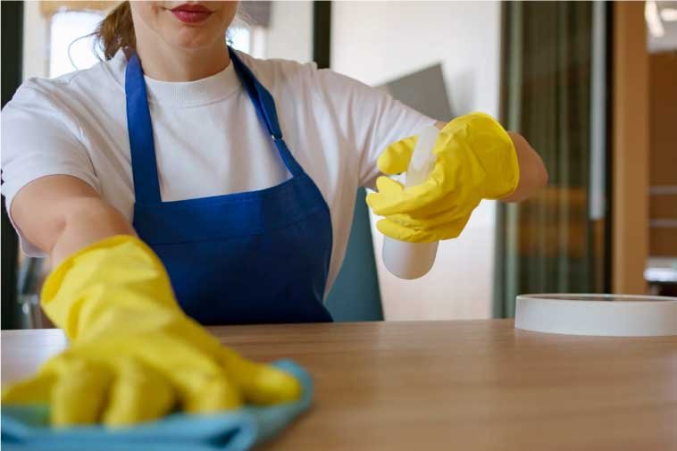 Woman wearing an apron cleaning a wooden surface