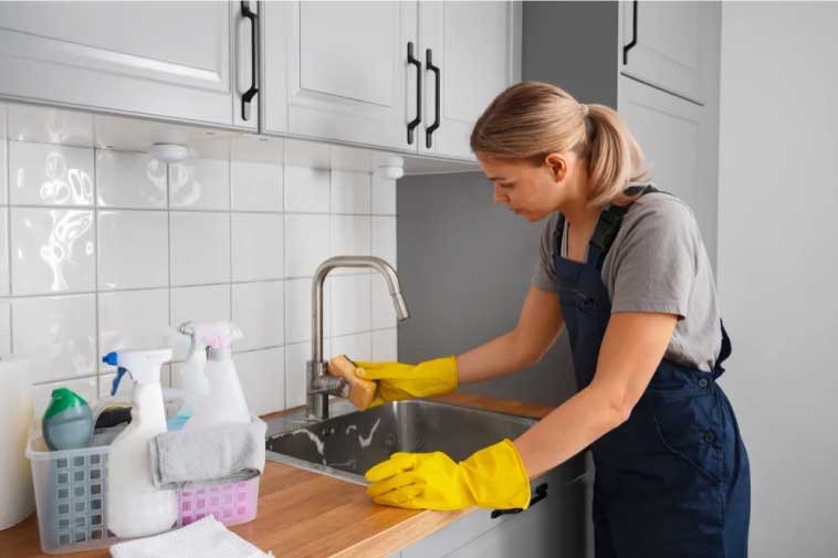 Woman cleaning a kitchen sink