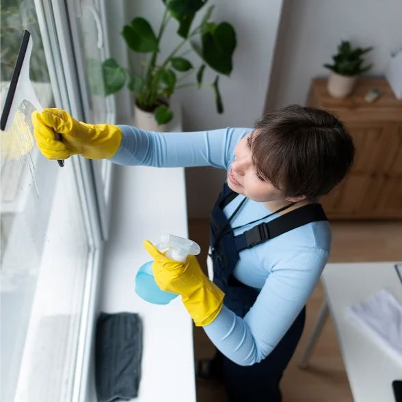 Top view of a woman cleaning windows