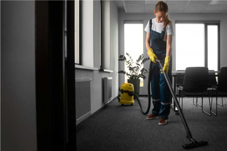 Woman vacuuming a boardroom with a vacuum cleaner in an office