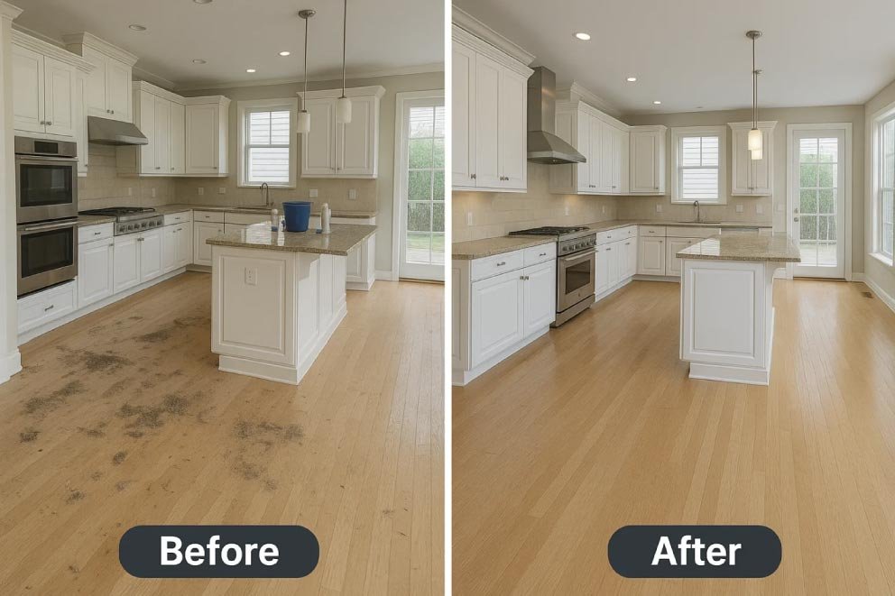 Perspective of a kitchen before and after being cleaned