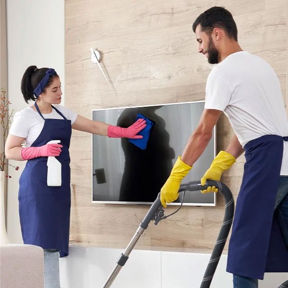 Man and woman in blue aprons cleaning a living room