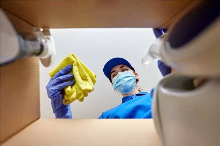 Bottom view from inside a box with cleaning supplies