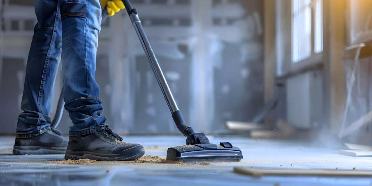 Man vacuuming wood in a room under construction