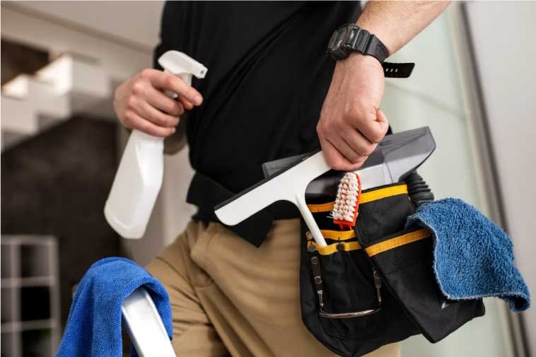 Purchase a cleaning kit with waist-high tools for post-construction cleaning